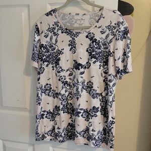 Coral Bay Women's Short Sleeve Top - Black and White Floral cotton blend SzXL